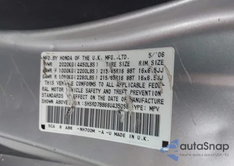 2006 Honda Cr-V Ex z USA, uszkodzony, nr VIN SHSRD78866U435056